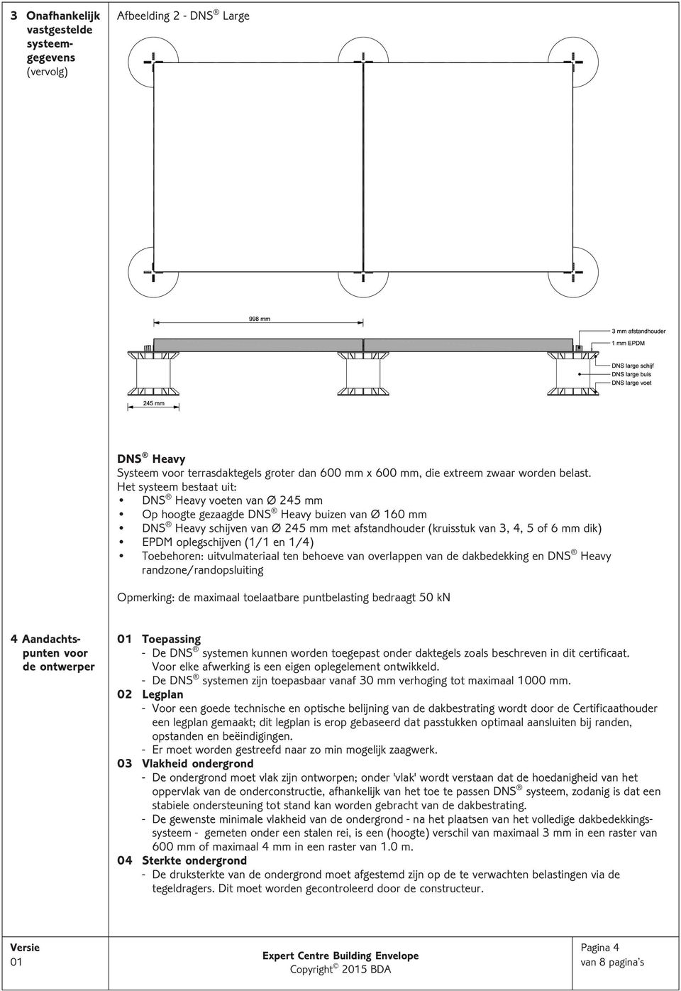 oplegschijven (1/1 en 1/4) Toebehoren: uitvulmateriaal ten behoeve van overlappen van de dakbedekking en DNS Heavy randzone/randopsluiting Opmerking: de maximaal toelaatbare puntbelasting bedraagt 50