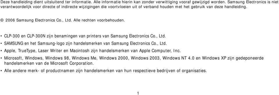 Alle rechten voorbehouden. CLP-300 en CLP-300N zijn benamingen van printers van Samsung Electronics Co., Ltd. SAMSUNG en het Samsung-logo zijn handelsmerken van Samsung Electronics Co., Ltd. Apple, TrueType, Laser Writer en Macintosh zijn handelsmerken van Apple Computer, Inc.