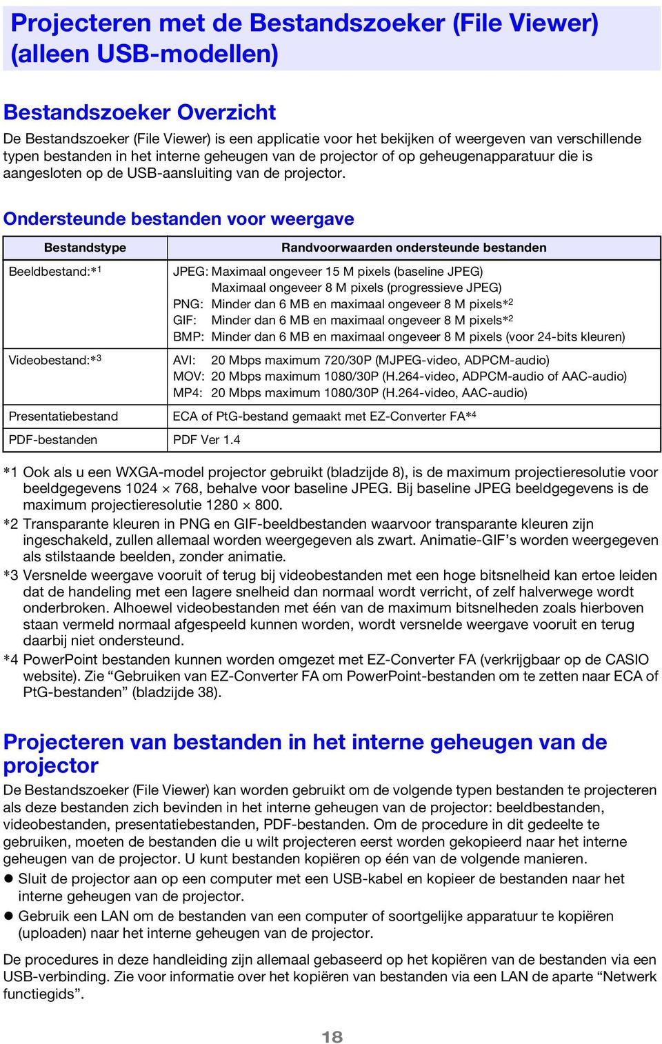 Ondersteunde bestanden voor weergave Bestandstype Beeldbestand:* 1 Randvoorwaarden ondersteunde bestanden JPEG: Maximaal ongeveer 15 M pixels (baseline JPEG) Maximaal ongeveer 8 M pixels