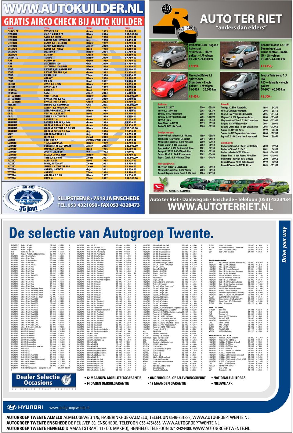 250,00 DAEWOO MATIZ 0,8 Blauw 2004 5.750,00 DEAWOO ESPERO Groen 1996 2.250,00 DAIHATSU TERIOS Blauw 2000 7.750,00 FIAT PUNTO 60 Groen 1999 3.750,00 FIAT SEICENTO 1100 Grijs 2000 3.