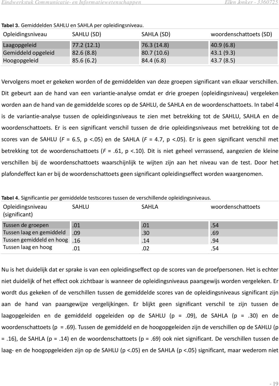 Dit gebeurt aan de hand van een variantie-analyse omdat er drie groepen (opleidingsniveau) vergeleken worden aan de hand van de gemiddelde scores op de SAHLU, de SAHLA en de woordenschattoets.