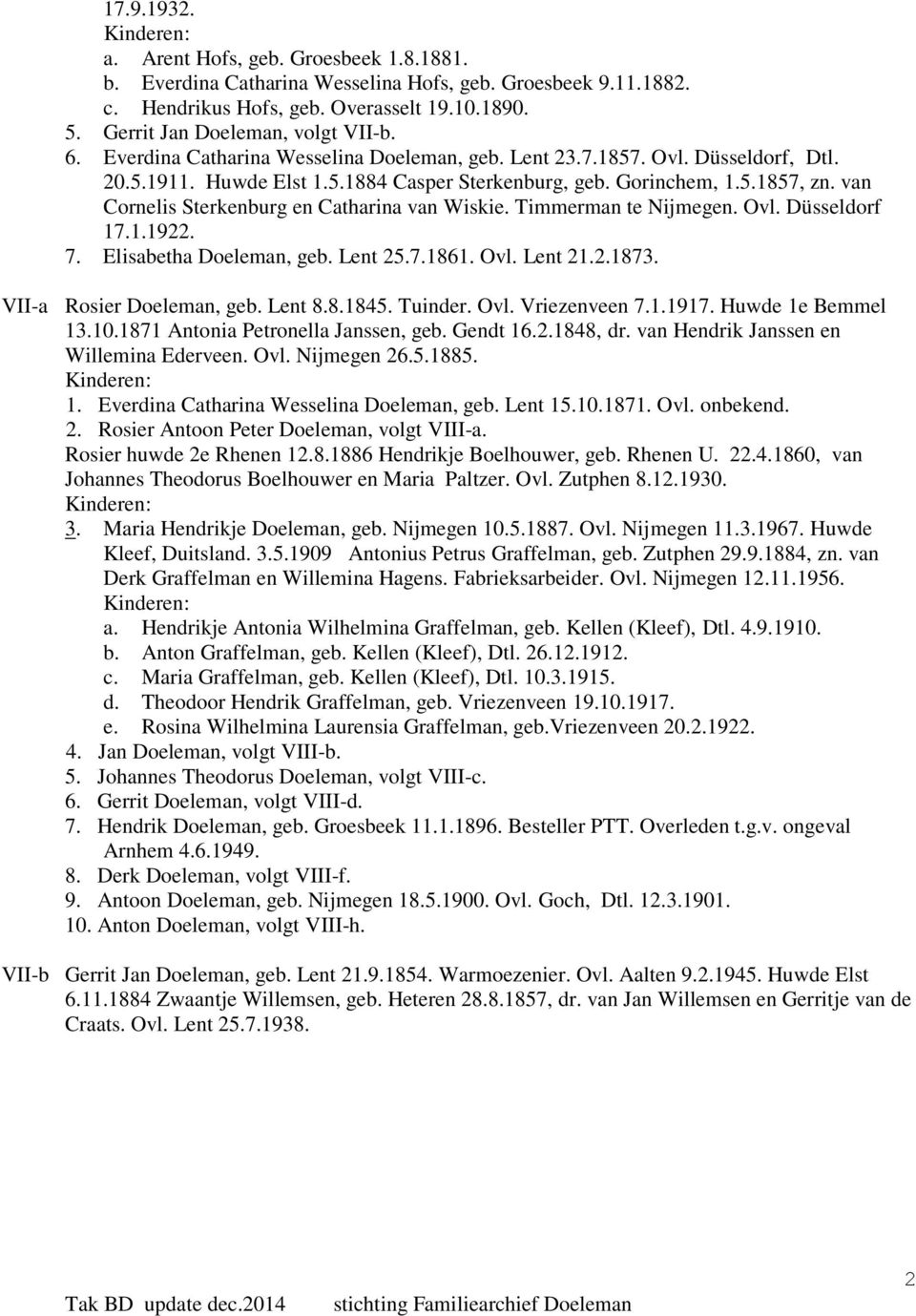 van Cornelis Sterkenburg en Catharina van Wiskie. Timmerman te Nijmegen. Ovl. Düsseldorf 17.1.1922. 7. Elisabetha Doeleman, geb. Lent 25.7.1861. Ovl. Lent 21.2.1873. VII-a Rosier Doeleman, geb.