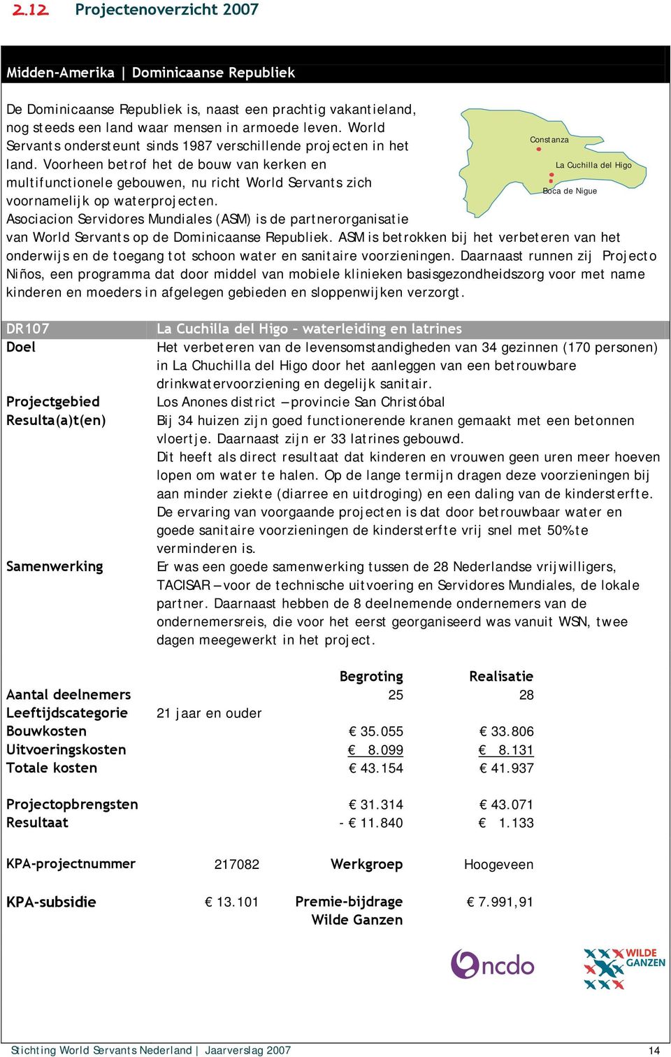 Voorheen betrof het de bouw van kerken en La Cuchilla del Higo multifunctionele gebouwen, nu richt World Servants zich Boca de Nigue voornamelijk op waterprojecten.