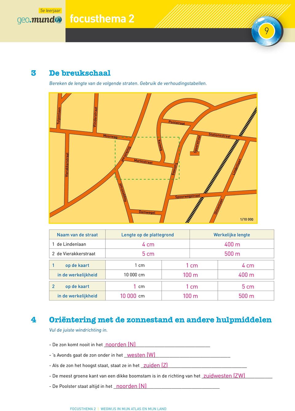 van de straat Lengte op de plattegrond Werkelijke lengte 1 de Lindenlaan 2 de Vierakkerstraat 4 cm 400 m 5 cm 500 m 1 op de kaart 1 cm in de werkelijkheid 10 000 cm 2 op de kaart cm in de