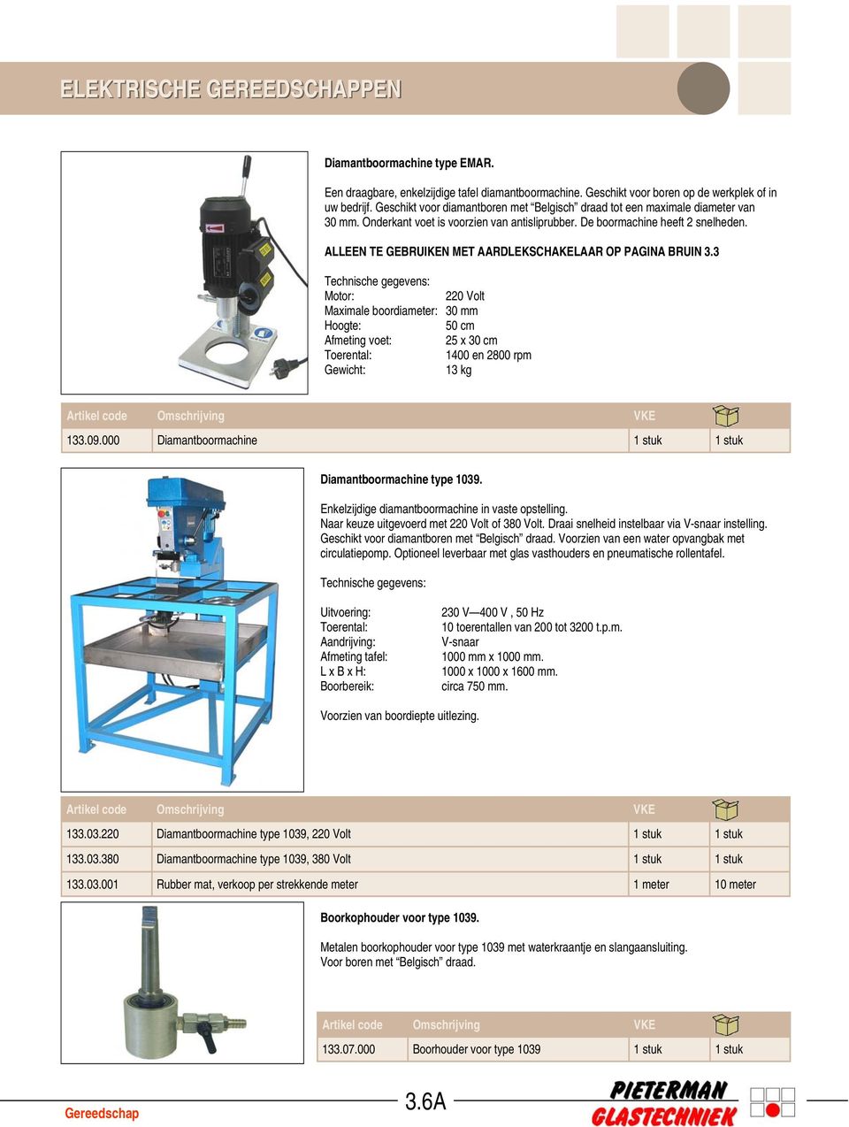 ALLEEN TE GEBRUIKEN MET AARDLEKSCHAKELAAR OP PAGINA BRUIN 3.3 Motor: 220 Volt Maximale boordiameter: 30 mm Hoogte: 50 cm Afmeting voet: 25 x 30 cm Toerental: 1400 en 2800 rpm Gewicht: 13 kg 133.09.