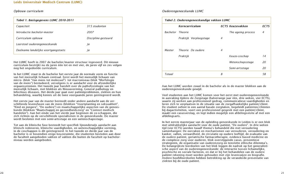 landelijke voortgangstoets Discipline-gestuurd Ja Ja Praktijk Verpleegstage 4 Master Theorie De oudere 4 Praktijk Keuze-coschap 14 Het LUMC heeft in 2007 de bachelor/master structuur ingevoerd.