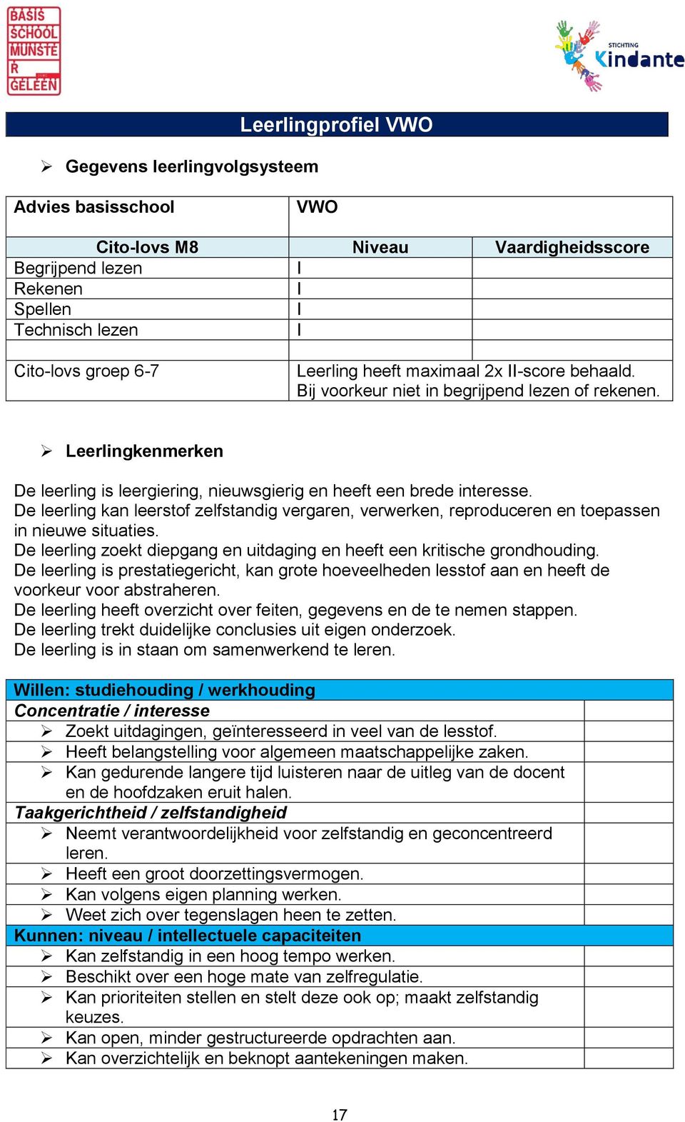 De leerling kan leerstof zelfstandig vergaren, verwerken, reproduceren en toepassen in nieuwe situaties. De leerling zoekt diepgang en uitdaging en heeft een kritische grondhouding.