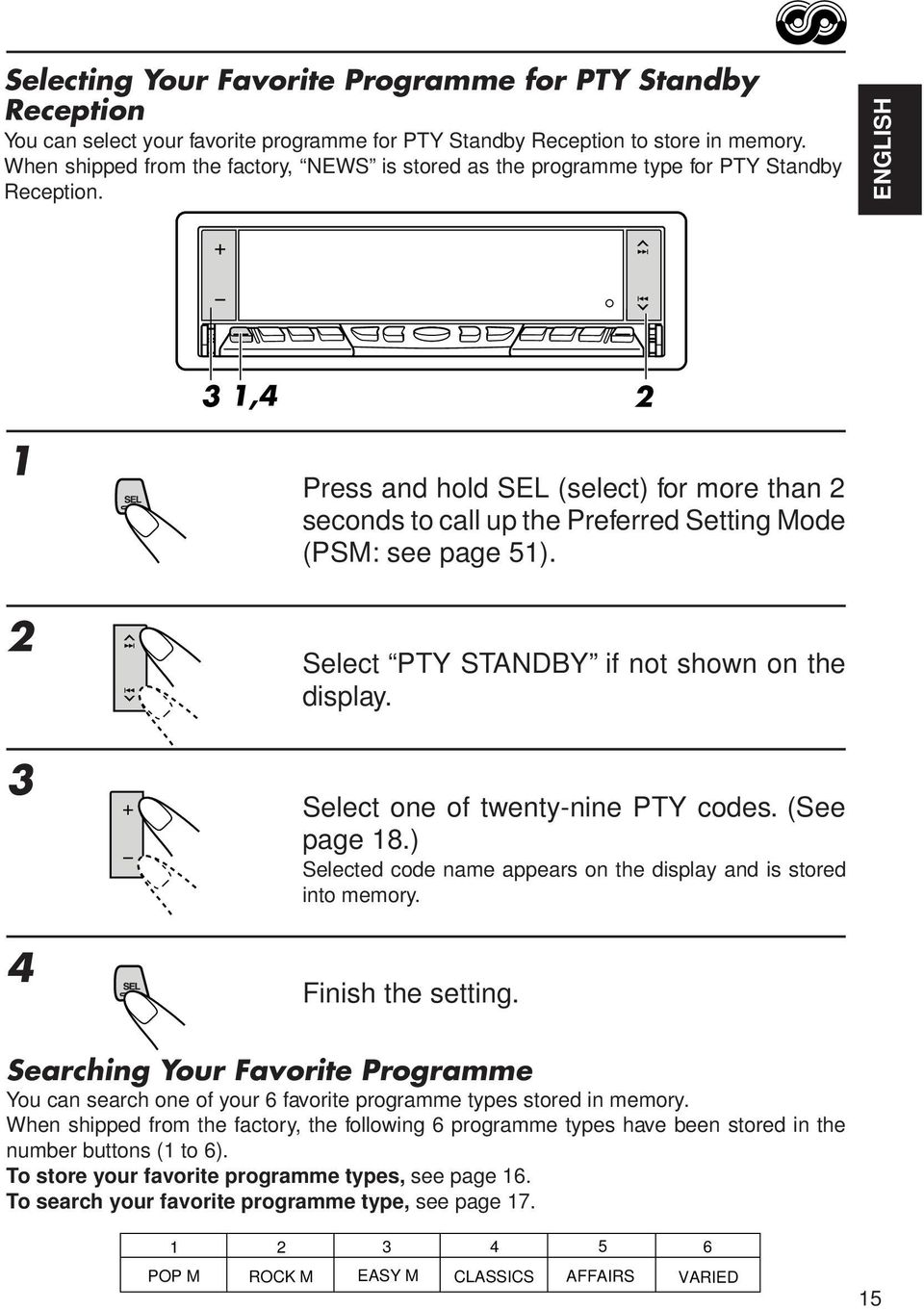 ENGLISH 3 1,4 2 1 2 3 4 Press and hold SEL (select) for more than 2 seconds to call up the Preferred Setting Mode (PSM: see page 51). Select PTY STANDBY if not shown on the display.