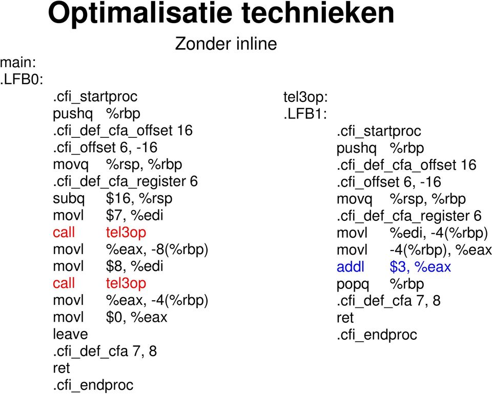 movl $0, %eax leave.cfi_def_cfa 7, 8 ret.cfi_endproc Zonder inline tel3op:.lfb1:.cfi_startproc pushq %rbp.cfi_def_cfa_offset 16.