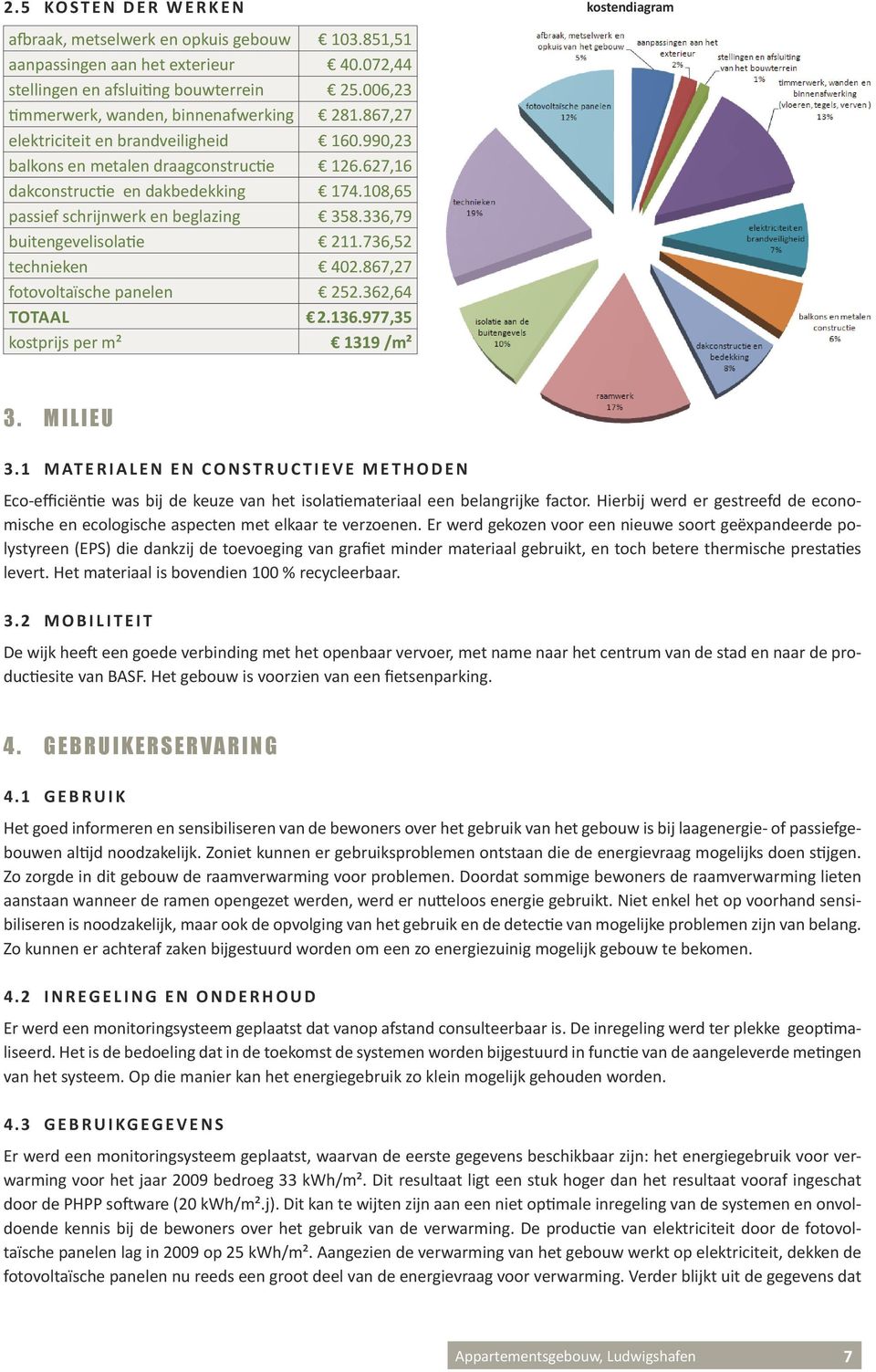 108,65 passief schrijnwerk en beglazing 358.336,79 buitengevelisolatie 211.736,52 technieken 402.867,27 fotovoltaïsche panelen 252.362,64 TOTAAL 2.136.977,35 kostprijs per m² 1319 /m² kostendiagram 3.