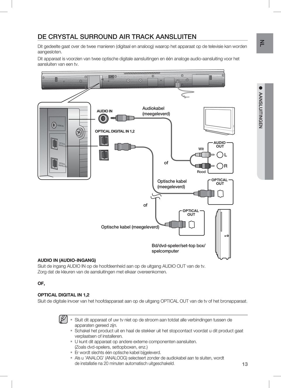 AUDIO IN OPTICAL DIGITAL IN 1,2 Audiokabel (meegeleverd) nl aansluitingen of Optische kabel (meegeleverd) White Wit Rood Red AUDIO OUT L R OPTICAL OUT of OPTICAL OUT Optische kabel (meegeleverd)