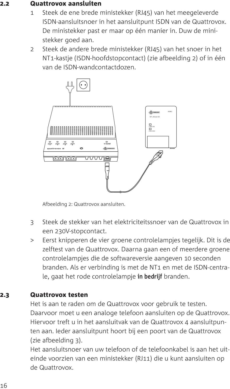 ISDN2 NT1, Model S3 LINE OK 230 V/AC Afbeelding 2: Quattrovox aansluiten. 3 Steek de stekker van het elektriciteitssnoer van de Quattrovox in een 230V-stopcontact.