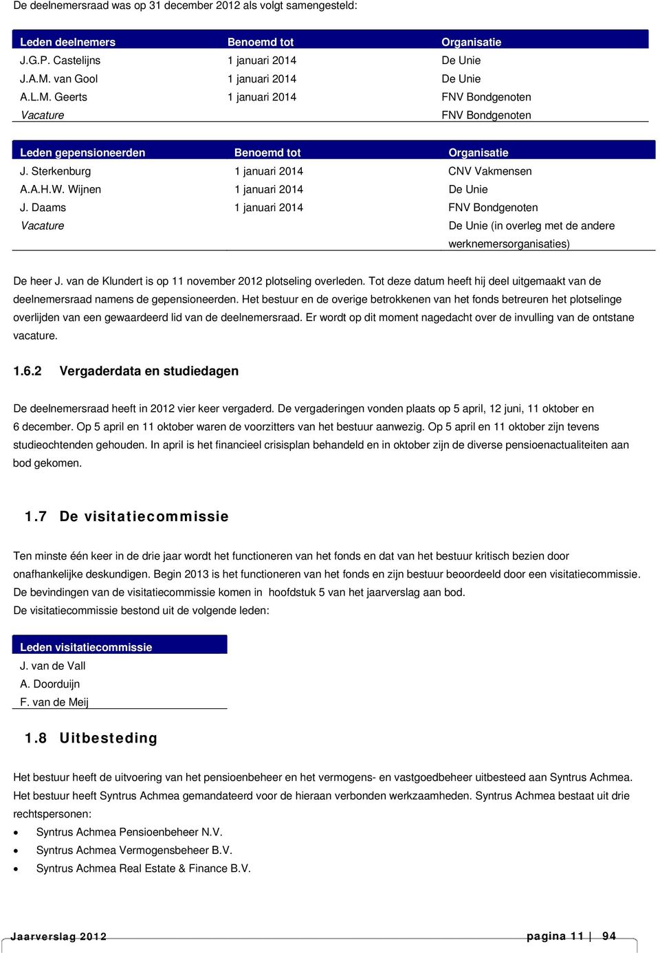 Wijnen 1 januari 2014 De Unie J. Daams 1 januari 2014 FNV Bondgenoten Vacature De Unie (in overleg met de andere werknemersorganisaties) De heer J.