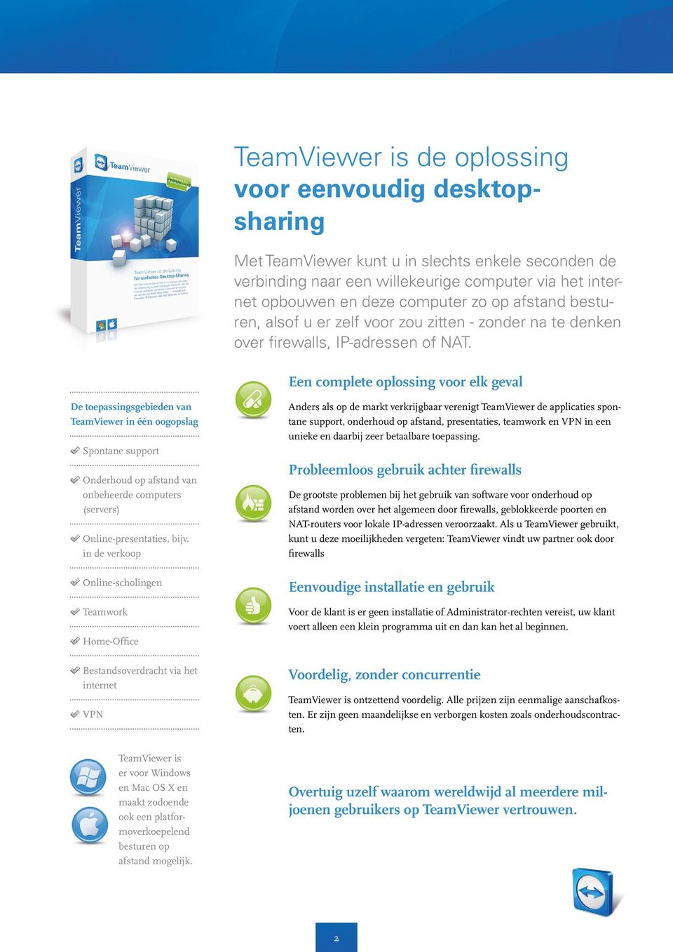 Een complete oplossing voor elk geval De toepassingsgebieden van TeamViewer in één oogopslag Spontane support Onderhoud op afstand van onbeheerde computers (servers) Online-presentaties, bijv.