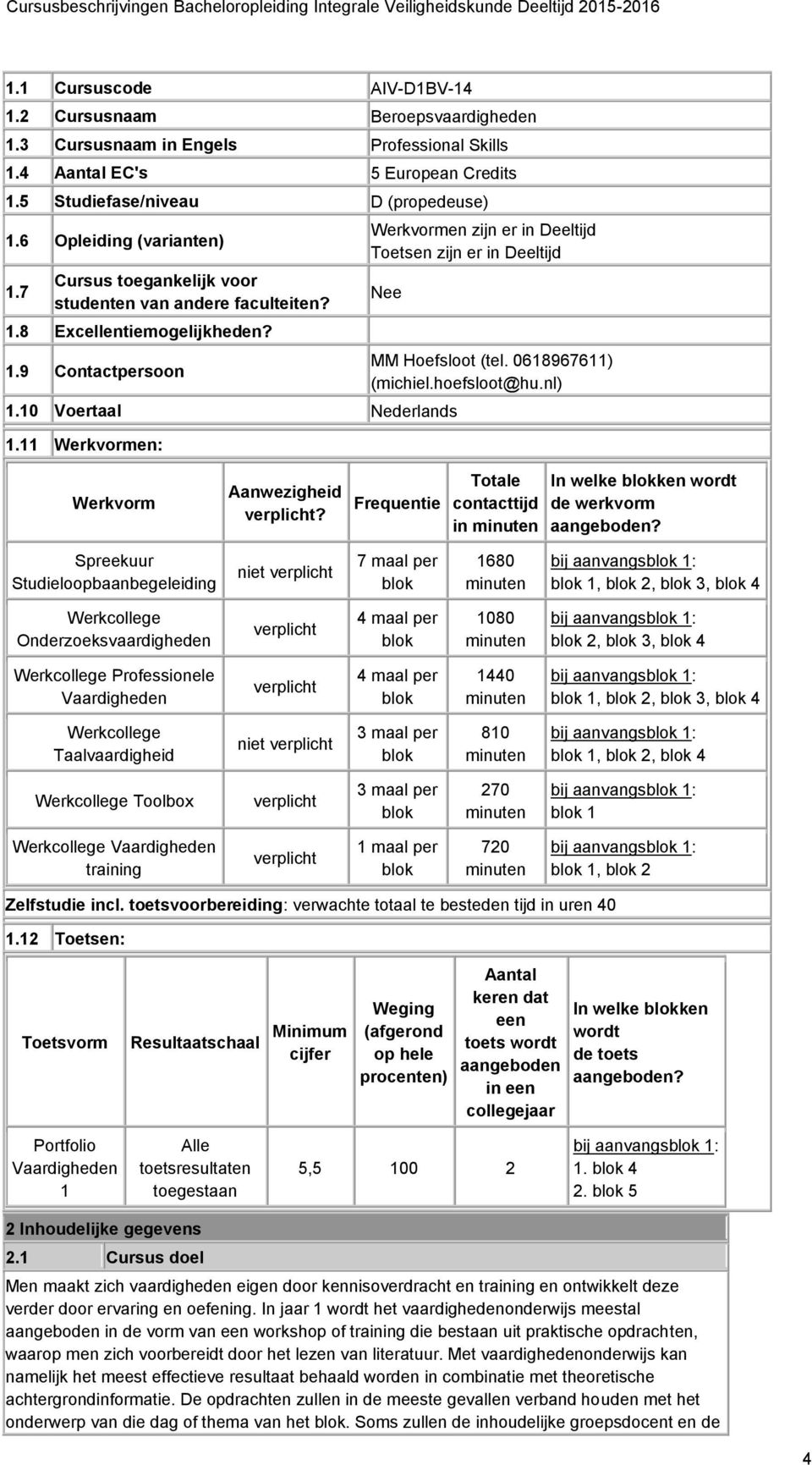 10 Voertaal Nederlands 1.11 Werkvormen: MM Hoefsloot (tel. 0618967611) (michiel.hoefsloot@hu.nl) Werkvorm Aanwezigheid verplicht?