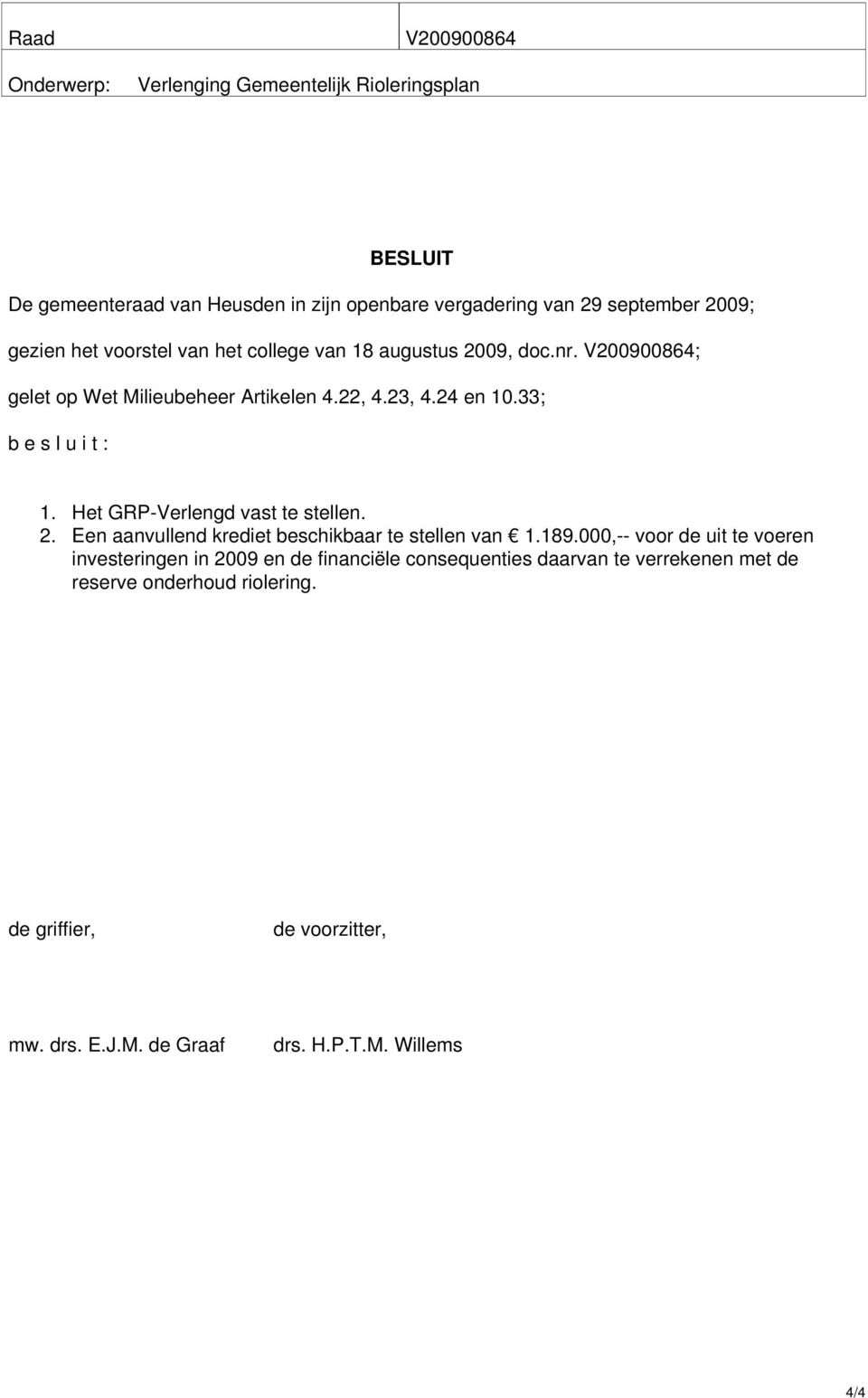 33; b e s l u i t : 1. Het GRP-Verlengd vast te stellen. 2. Een aanvullend krediet beschikbaar te stellen van 1.189.