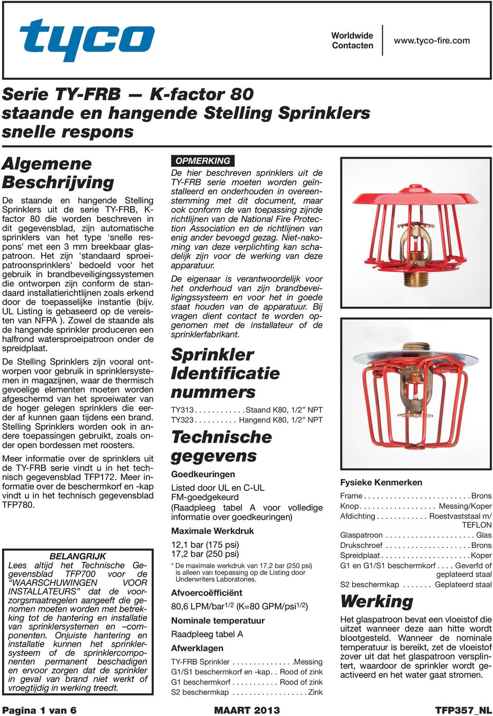 automatische sprinklers van het type 'snelle respons' met een 3 mm breekbaar glaspatroon.