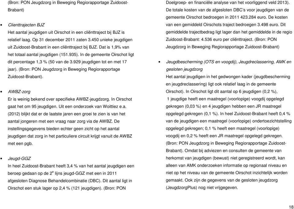 929 jeugdigen tot en met 17 jaar). (Bron: PON Jeugdzorg in Beweging Regiorapportage Zuidoost-Brabant). AWBZ-zorg Er is weinig bekend over specifieke AWBZ-jeugdzorg.