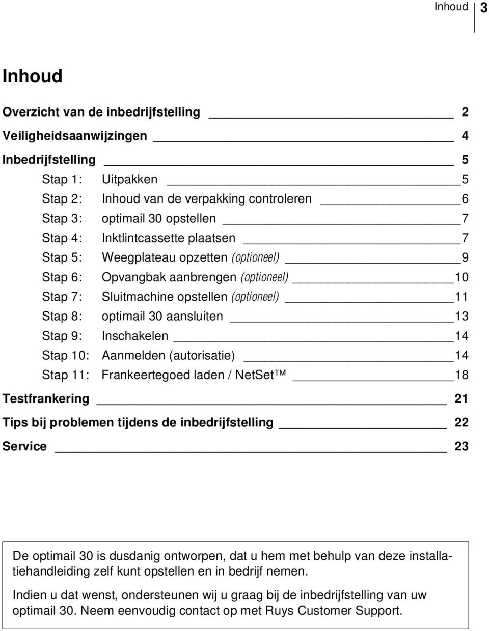 13 Stap 9: Inschakelen 14 Stap 10: Aanmelden (autorisatie) 14 Stap 11: Frankeertegoed laden / NetSet 18 Testfrankering 21 Tips bij problemen tijdens de inbedrijfstelling 22 Service 23 De optimail 30