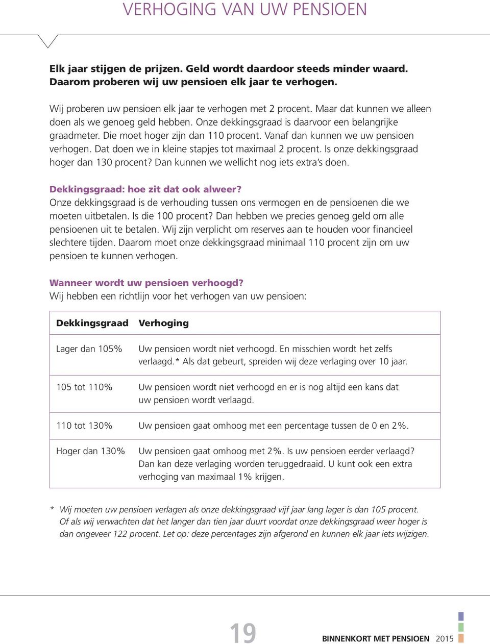 Die moet hoger zijn dan 110 procent. Vanaf dan kunnen we uw pensioen verhogen. Dat doen we in kleine stapjes tot maximaal 2 procent. Is onze dekkingsgraad hoger dan 130 procent?