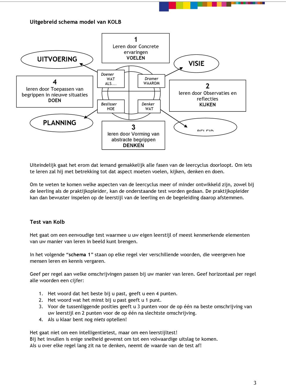 gemakkelijk alle fasen van de leercyclus doorloopt. Om iets te leren zal hij met betrekking tot dat aspect moeten voelen, kijken, denken en doen.