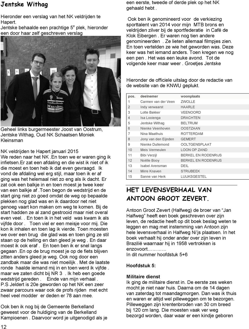 Ook ben ik genomineerd voor de verkiezing sporttalent van 2014 voor mijn MTB brons en veldrijden zilver bij de sportfederatie in Café de Klok Eibergen. Er waren nog tien andere genomineerden.