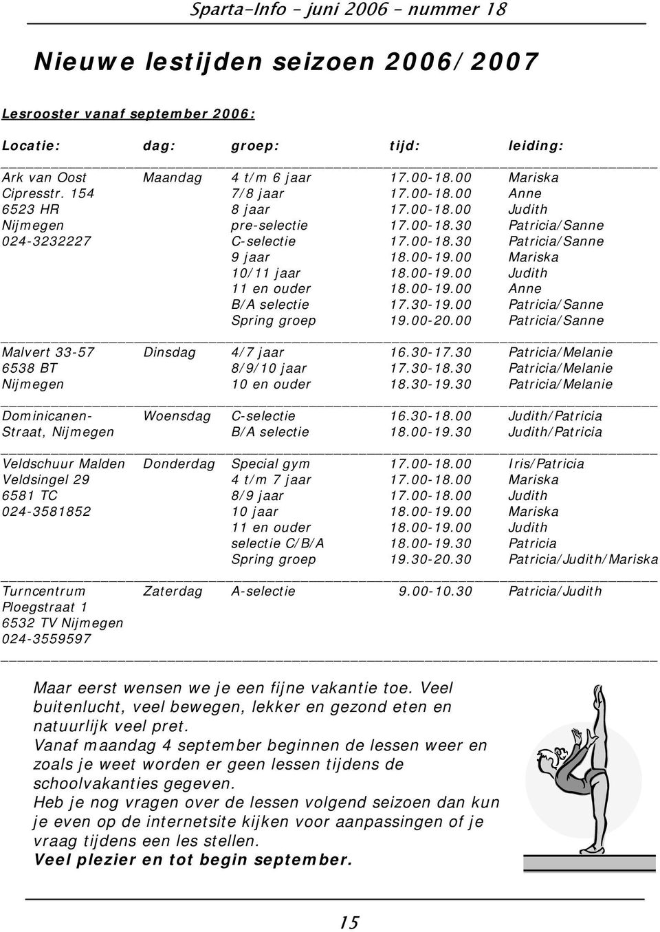 30-19.00 Patricia/Sanne Spring groep 19.00-20.00 Patricia/Sanne Malvert 33-57 Dinsdag 4/7 jaar 16.30-17.30 Patricia/Melanie 6538 BT 8/9/10 jaar 17.30-18.30 Patricia/Melanie Nijmegen 10 en ouder 18.