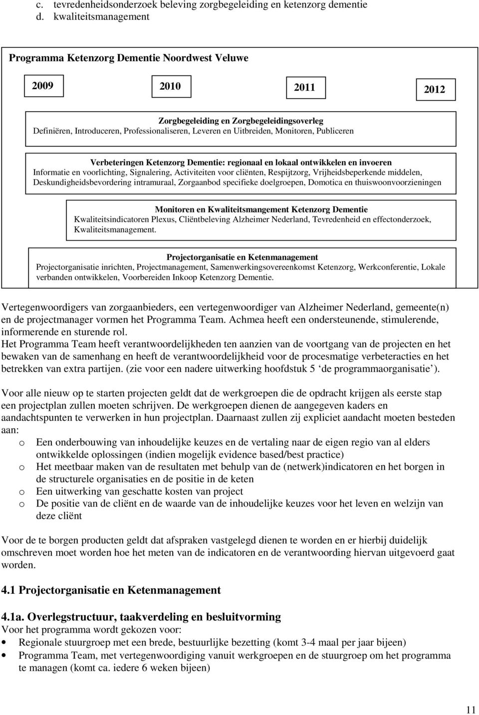 Uitbreiden, Monitoren, Publiceren Verbeteringen Ketenzorg Dementie: regionaal en lokaal ontwikkelen en invoeren Informatie en voorlichting, Signalering, Activiteiten voor cliënten, Respijtzorg,