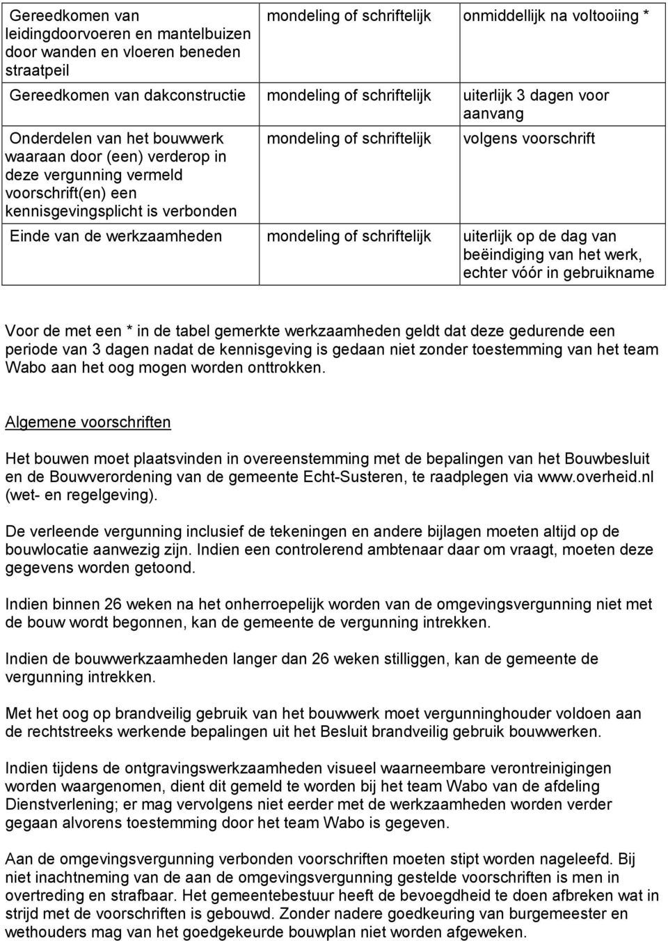 volgens voorschrift Einde van de werkzaamheden mondeling of schriftelijk uiterlijk op de dag van beëindiging van het werk, echter vóór in gebruikname Voor de met een * in de tabel gemerkte