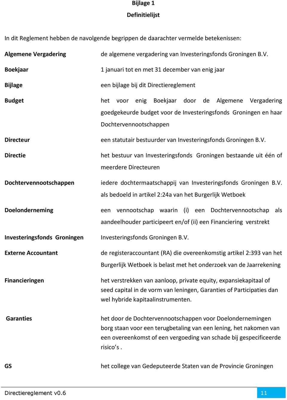 1 januari tot en met 31 december van enig jaar een bijlage bij dit Directiereglement Budget het voor enig Boekjaar door de Algemene Vergadering goedgekeurde budget voor de Investeringsfonds Groningen