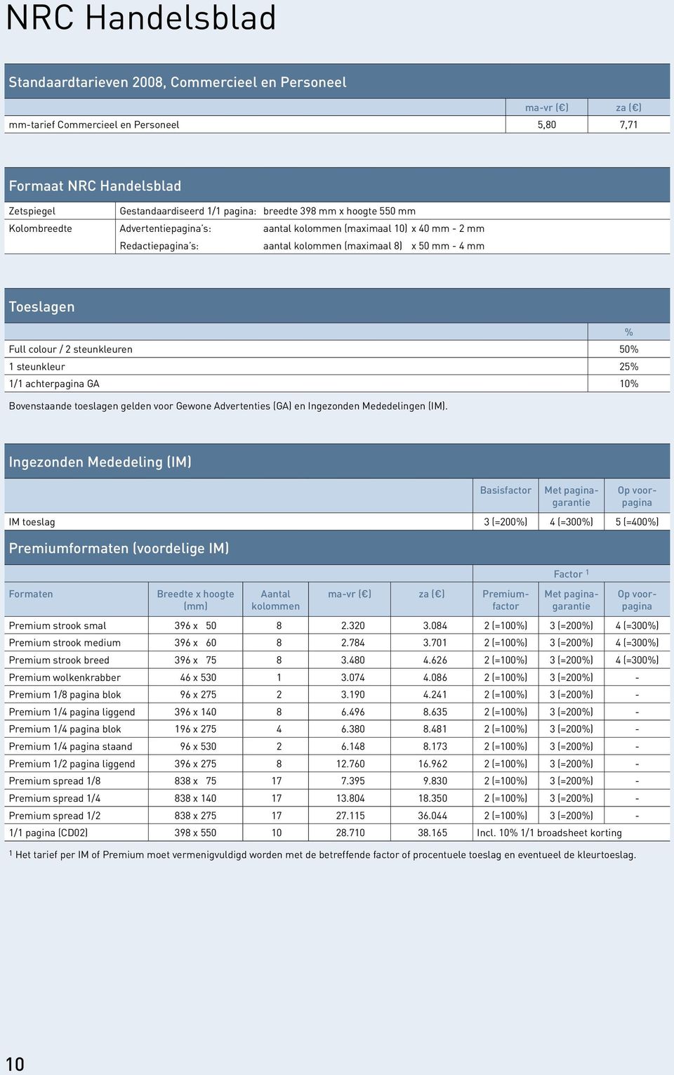 steunkleuren 50% 1 steunkleur 25% 1/1 achterpagina GA 10% Bovenstaande toeslagen gelden voor Gewone Advertenties (GA) en Ingezonden Mededelingen (IM).