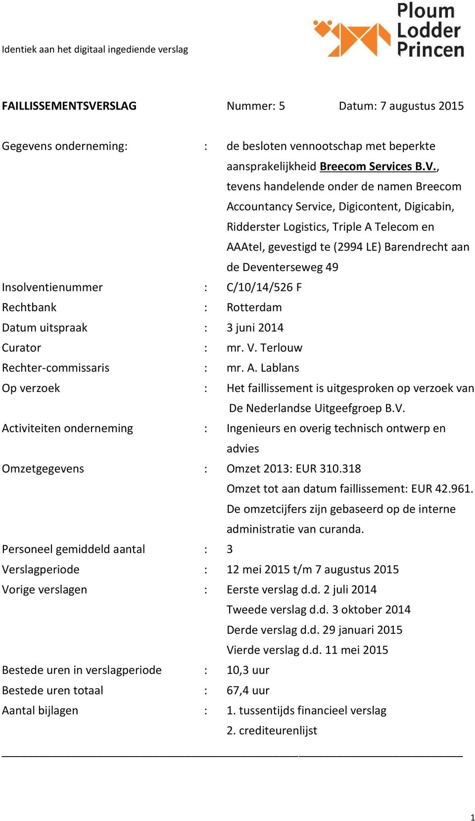 Insolventienummer : C/10/14/526 F Rechtbank : Rotterdam Datum uitspraak : 3 juni 2014 Curator : mr. V. Terlouw Rechter-commissaris : mr. A.