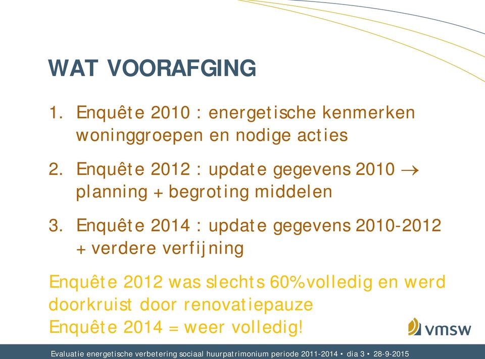 Enquête 2014 : update gegevens 2010-2012 + verdere verfijning Enquête 2012 was slechts 60% volledig en