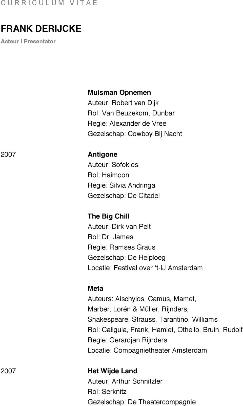 James Regie: Ramses Graus Gezelschap: De Heiploeg Locatie: Festival over t-ij Amsterdam Meta Auteurs: Aischylos, Camus, Mamet, Marber, Lorén & Müller, Rijnders,