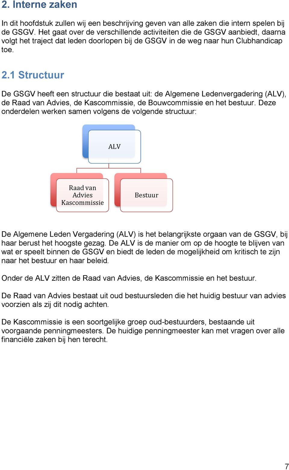 1 Structuur De GSGV heeft een structuur die bestaat uit: de Algemene Ledenvergadering (ALV), de Raad van Advies, de Kascommissie, de Bouwcommissie en het bestuur.