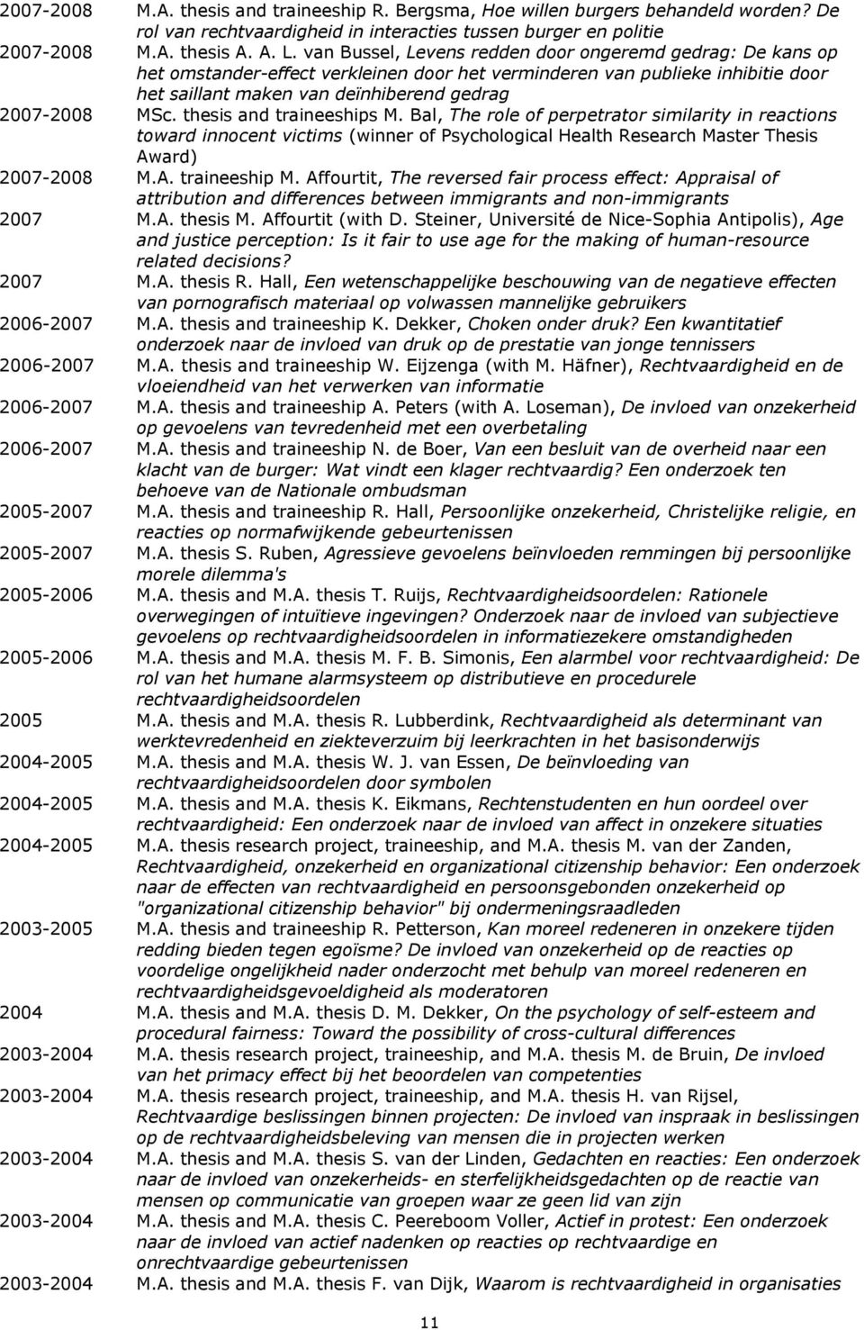 thesis and traineeships M. Bal, The role of perpetrator similarity in reactions toward innocent victims (winner of Psychological Health Research Master Thesis Award) 2007-2008 M.A. traineeship M.