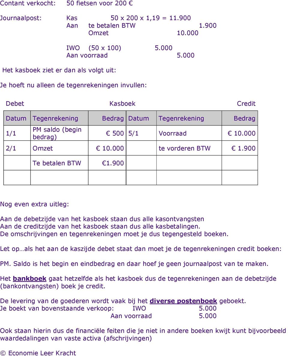 000 te vorderen BTW 1.900 Te betalen BTW 1.900 Nog even extra uitleg: Aan de debetzijde van het kasboek staan dus alle kasontvangsten Aan de creditzijde van het kasboek staan dus alle kasbetalingen.