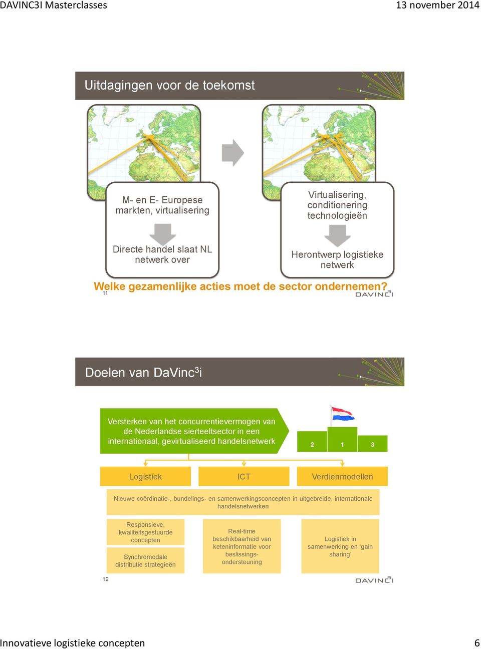 11 Doelen van DaVinc 3 i Versterken van het concurrentievermogen van de Nederlandse sierteeltsector in een internationaal, gevirtualiseerd handelsnetwerk 2 1 3 Logistiek ICT Verdienmodellen