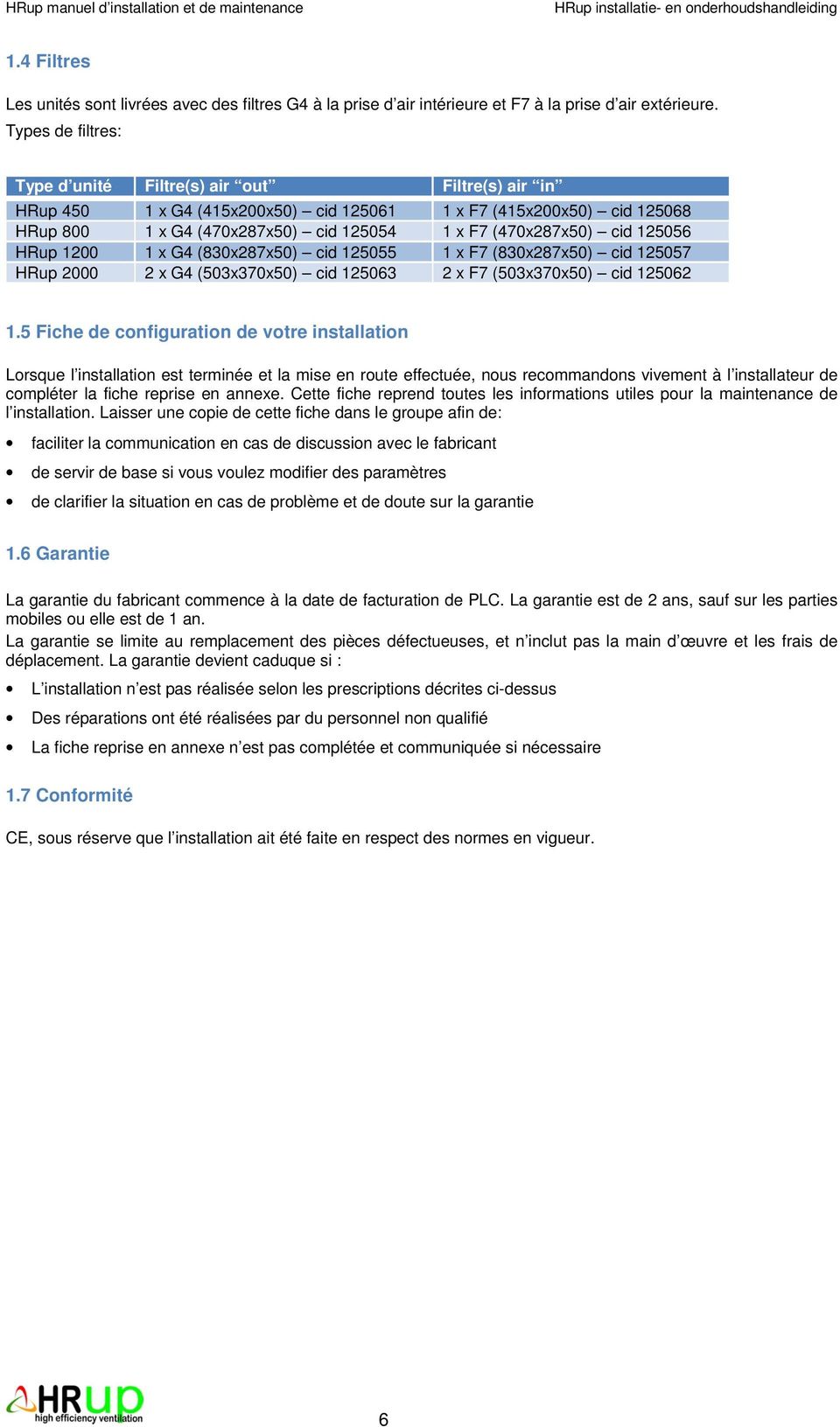 Types de filtres: Type d unité Filtre(s) air out Filtre(s) air in HRup 450 1 x G4 (415x200x50) cid 125061 1 x F7 (415x200x50) cid 125068 HRup 800 1 x G4 (470x287x50) cid 125054 1 x F7 (470x287x50)