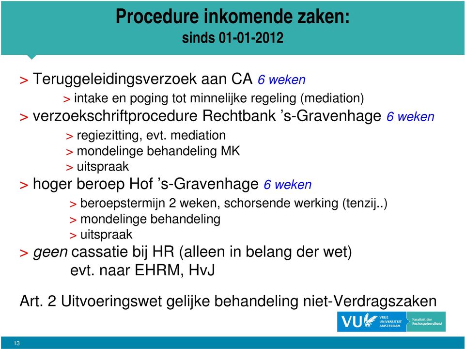 mediation > mondelinge behandeling MK > uitspraak > hoger beroep Hof s-gravenhage 6 weken > beroepstermijn 2 weken, schorsende