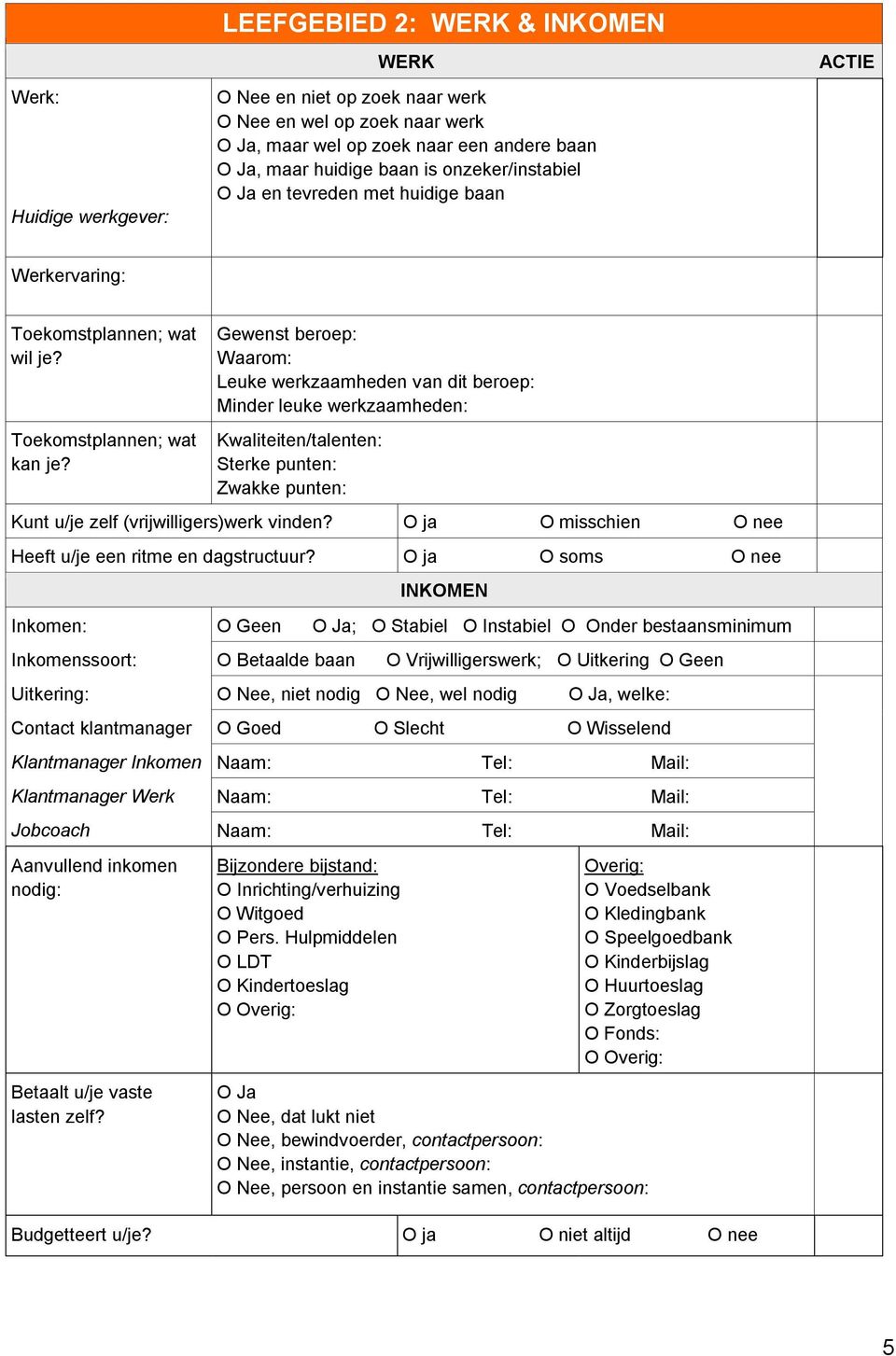 Gewenst beroep: Waarom: Leuke werkzaamheden van dit beroep: Minder leuke werkzaamheden: Kwaliteiten/talenten: Sterke punten: Zwakke punten: Kunt u/je zelf (vrijwilligers)werk vinden?