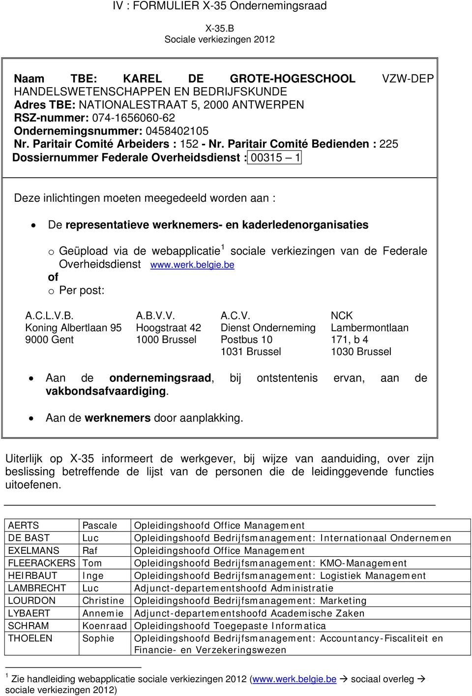 Uiterlijk op X-35 informeert de werkgever, bij wijze van aanduiding, over zijn beslissing betreffende de lijst van de personen die de leidinggevende functies uitoefenen.