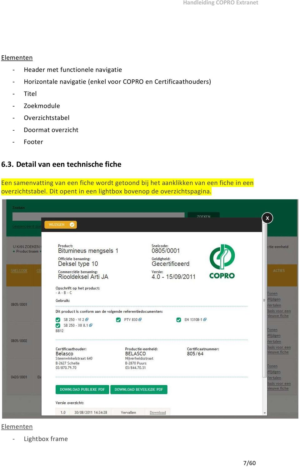 Detail van een technische fiche Een samenvatting van een fiche wordt getoond bij het aanklikken van