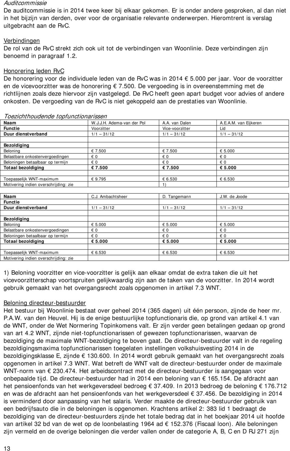 Honorering leden RvC De honorering voor de individuele leden van de RvC was in 2014 5.000 per jaar. Voor de voorzitter en de vicevoorzitter was de honorering 7.500.