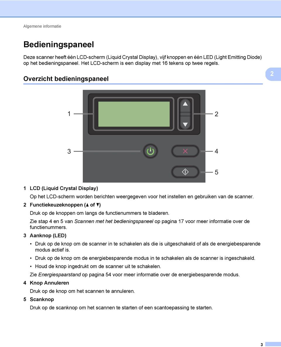 Overzicht bedieningspaneel 2 1 2 3 4 5 1 LCD (Liquid Crystal Display) Op het LCD-scherm worden berichten weergegeven voor het instellen en gebruiken van de scanner.