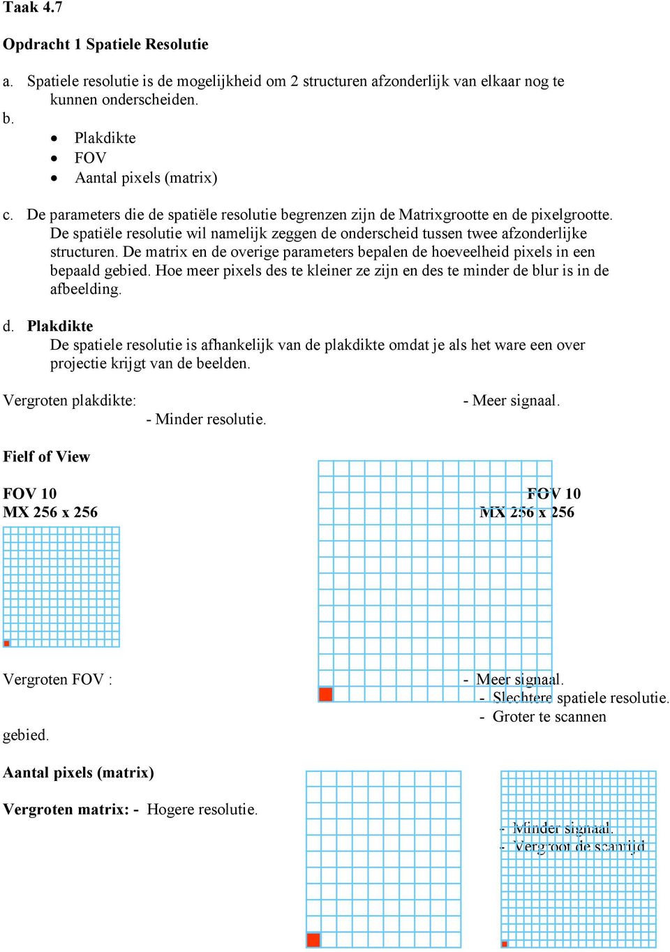 De matrix en de overige parameters bepalen de hoeveelheid pixels in een bepaald gebied. Hoe meer pixels des te kleiner ze zijn en des te minder de blur is in de afbeelding. d. Plakdikte De spatiele resolutie is afhankelijk van de plakdikte omdat je als het ware een over projectie krijgt van de beelden.