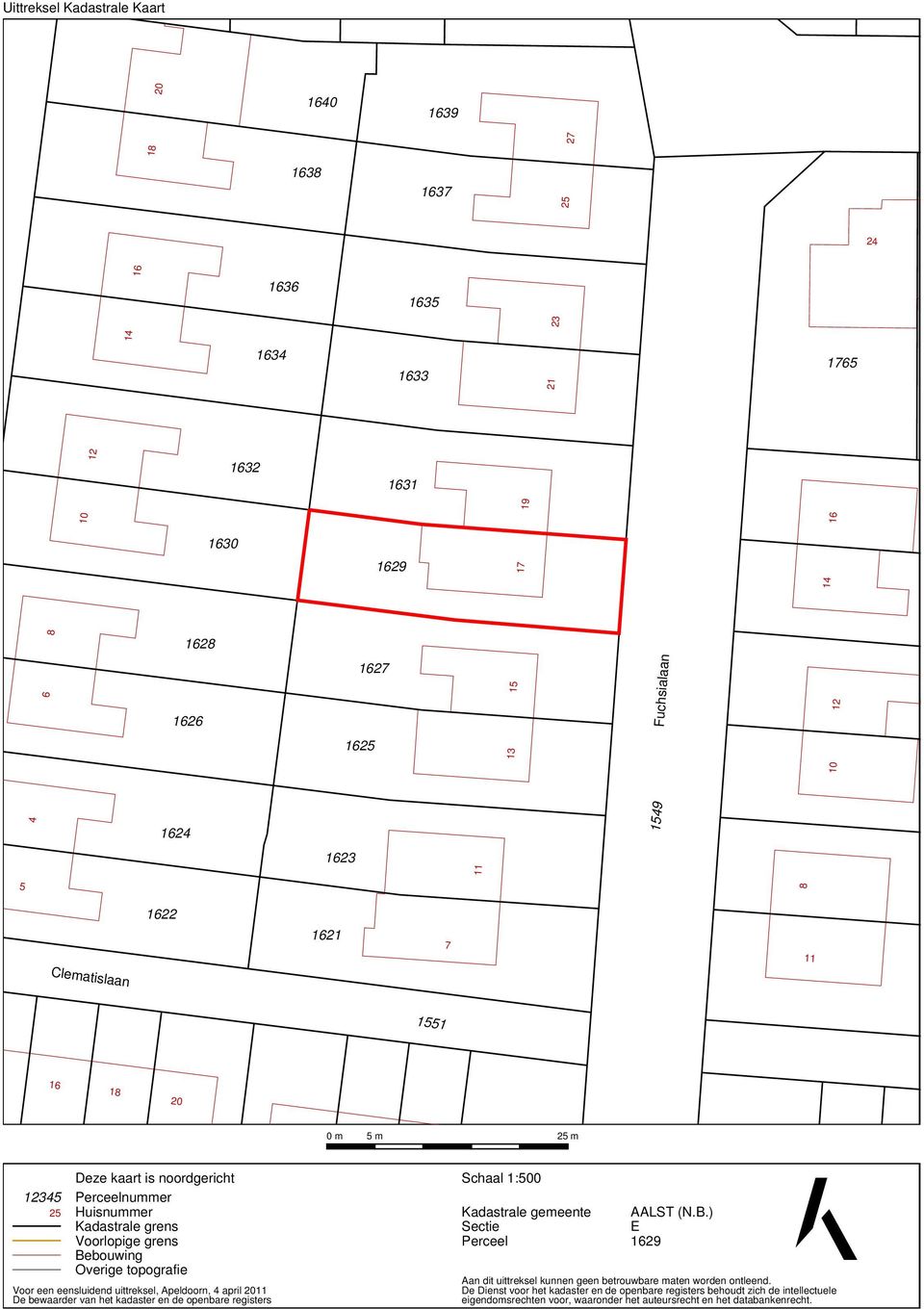 een eensluidend uittreksel, Apeldoorn, 4 april 2011 De bewaarder van het kadaster en de openbare registers Schaal 1:500 Kadastrale gemeente Sectie Perceel AALST (N.B.