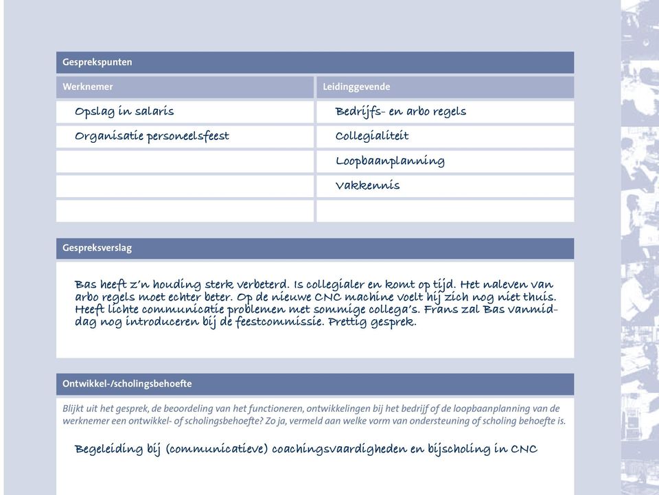 Heeft lichte communicatie problemen met sommige collega s. Frans zal Bas vanmiddag nog introduceren bij de feestcommissie. Prettig gesprek.