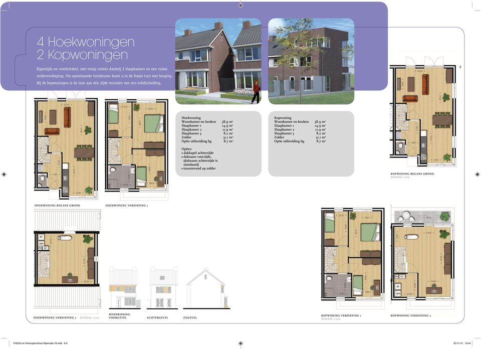 Hoekwoning Woonkamer en keuken 38,9 m 2 Slaapkamer 1 14,9 m 2 Slaapkamer 2 11,9 m 2 Slaapkamer 3 8,2 m 2 Zolder 31,1 m 2 Optie uitbreiding bg 8,7 m 2 Kopwoning Woonkamer en keuken 38,9 m 2 Slaapkamer