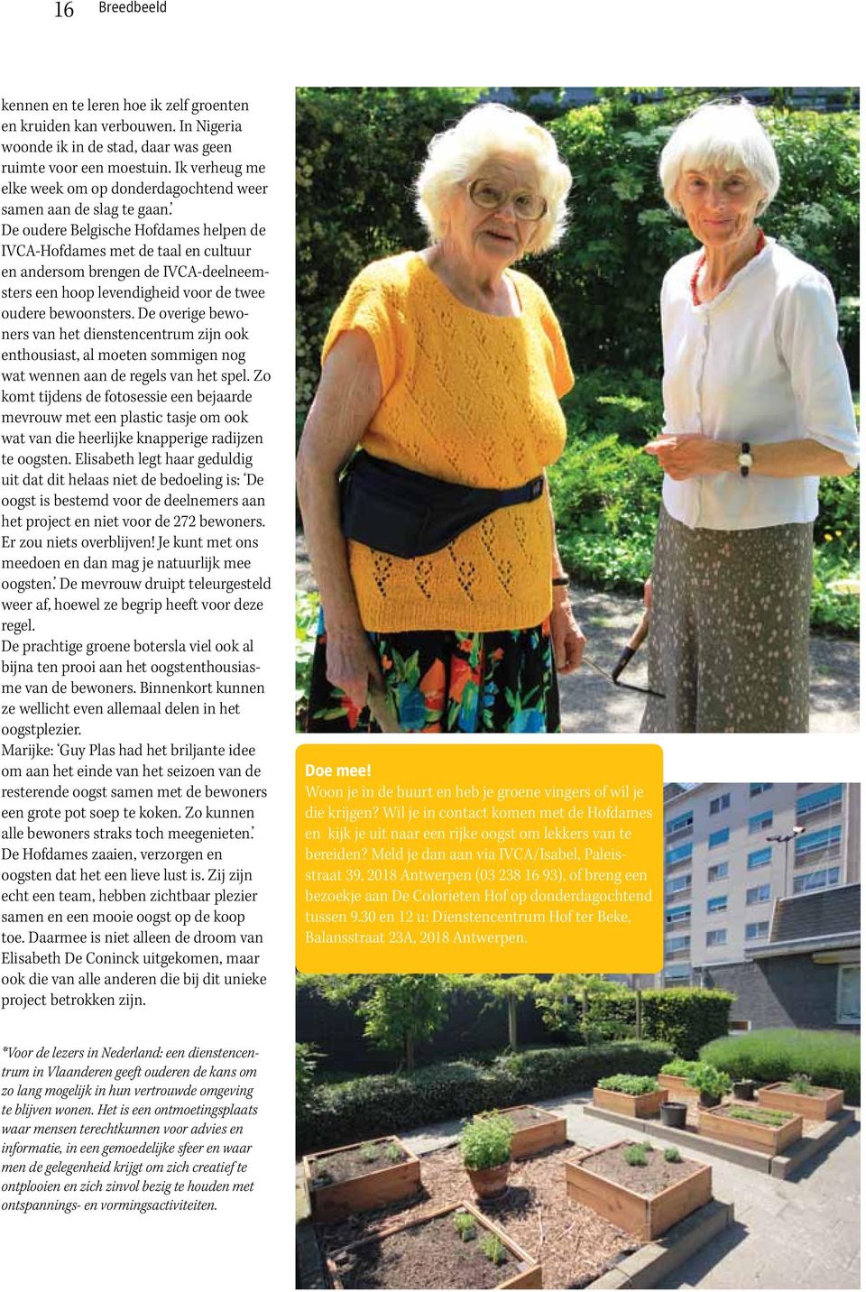 De oudere Belgische Hofdames helpen de IVCA-Hofdames met de taal en cultuur en andersom brengen de IVCA-deelneemsters een hoop levendigheid voor de twee oudere bewoonsters.